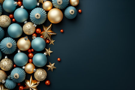 Christmas tree toys background. Blue, gold, white, red balls and stars on white background top view. generative aiの素材