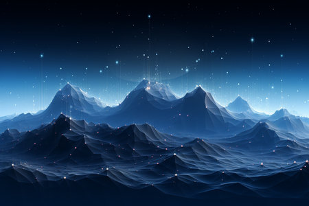 Abstract digital mountains range landscape with glowing light dots. Futuristic low poly wireframe vector illustration on technology blue background. generative aiの素材