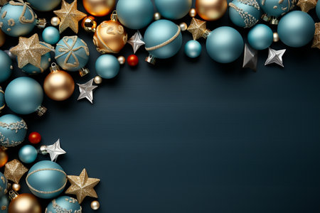 Christmas tree toys background. Blue, gold, white, red balls and stars on white background top view. generative aiの素材