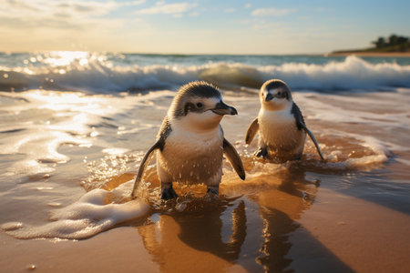 Two penguins coming ashore from ocean. Generative AI.の素材