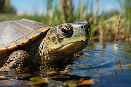 Turtle poke sit shed out of the water pond daylight. Generative AI.の素材