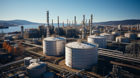 A modern petrochemical plant with intricate piping systems. Generative ai.の素材