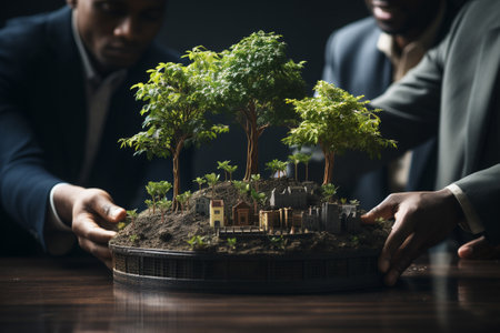 Businessmen and community together planting trees for sustainable development goals. company or businesses and corporations that care about the environment and ecosystem in greenery company. Generative Ai.の素材