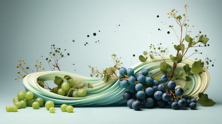 Black and green grapes with leaves on a blue background. generative aiの素材