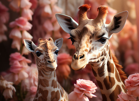 Mother and baby giraffe on the natural background. Generative AI.の素材