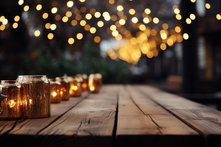 Old wooden boards on a blurred background of Christmas . Empty space for your. generative ai.の素材
