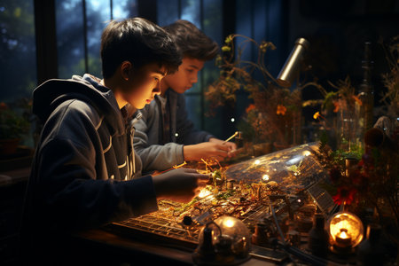 Two brothers burn lighting candles on a table at night. generative aiの素材