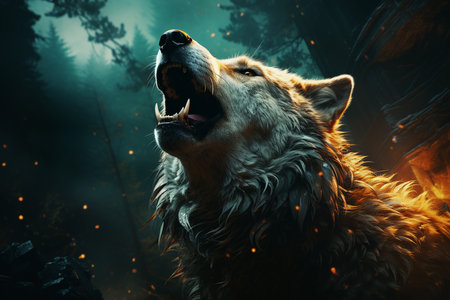 a wolf howling in the night full moon forest. Generative AI.の素材