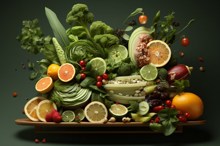 Composition with variety of raw organic vegetables and fruits. Balanced diet. food delivery website for e-commerce concept. generative ai.の素材