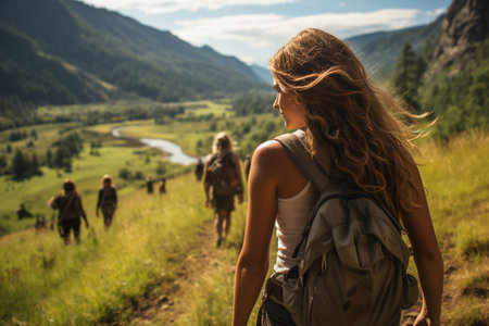 a candid photo of a family and friends hiking together in the mountains in the vacation trip week. sweaty walking in the beautiful american nature. fields and hills with grass. generative ai.の素材