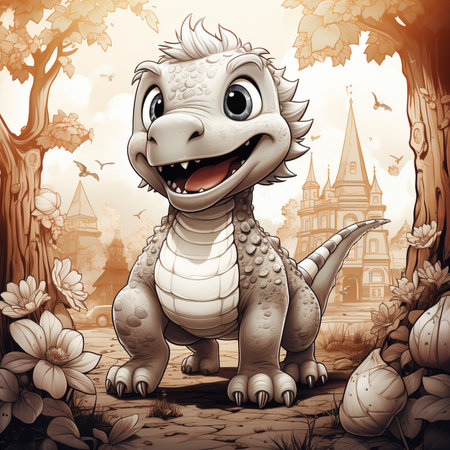 A coloring book page of a cute cartoon dinosaur. generative AI.の素材
