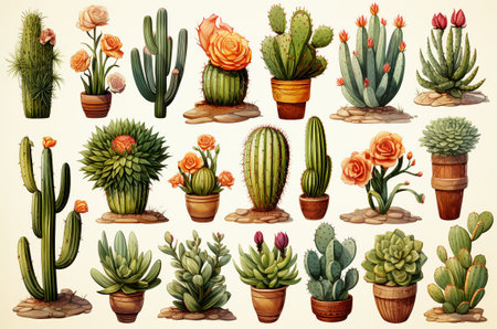 A professional digital art illustration hand painted style of cactus clipart collection on white background. generative aiの素材