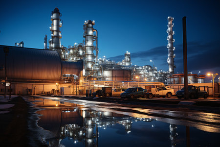 A modern petrochemical plant with intricate piping systems. Generative ai.の素材