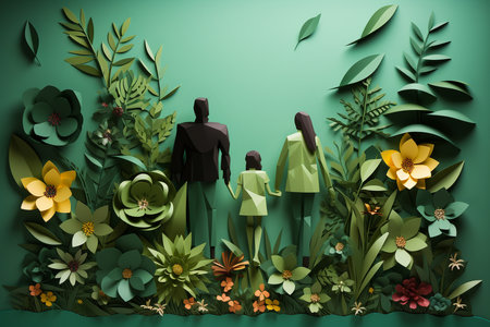 concept of eco with family.paper art style. generative aiの素材