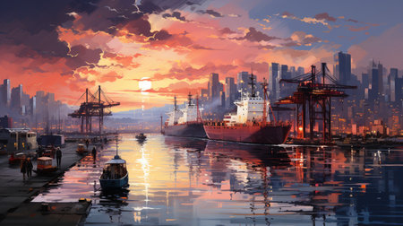 busy seaport with cargo ships being loaded and unloaded, cranes lifting containers, and logistics operations supporting global trade. Generative ai.の素材
