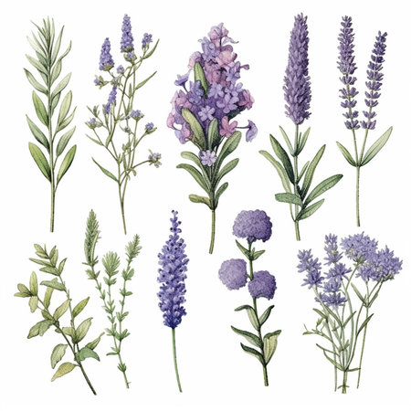 Different types of lavender on white background. generative aiの素材
