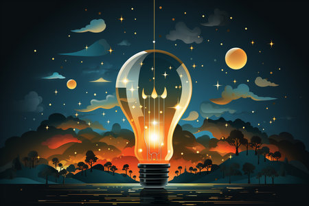 Glowing light bulb on star background with lines. Idea, innovation and success concept. generative ai.の素材