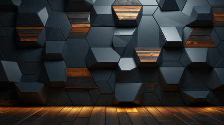A dark background with a minimalist linear hexagonal design. Generative AI.の素材