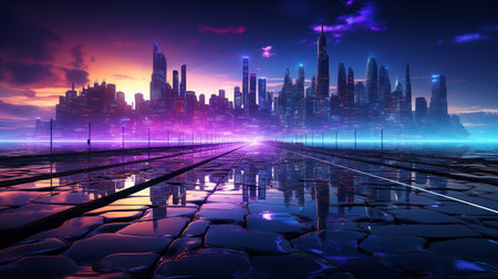 Street in city, 3D buildings, 3D digital twins, neon lines in cyan and violet. Generative ai.の素材