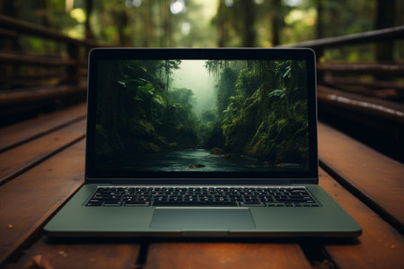 A laptop with a screensaver of green nature, placed on a table in a lush forest. Generative Ai.の素材
