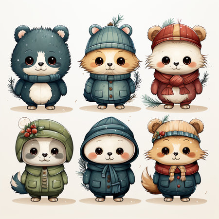 set of cartoon animals wearing Christmas hats on a white background. generative aiの素材