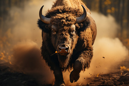 A bison running in grasslands with ground warm light. Generative AI.の素材