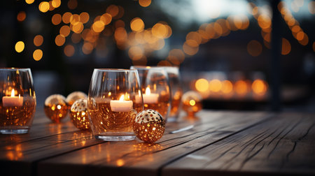 Blurred background of restaurant with abstract bokeh light. Lights decoration Party Event Festival Holiday blur background. outdoor string lights. generative aiの素材