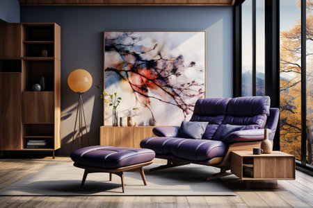 Dark blue sofa and recliner chair in scandinavian apartment. Interior design of modern living room. generative aiの素材