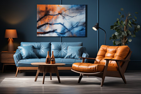 Dark blue sofa and recliner chair in scandinavian apartment. Interior design of modern living room. generative aiの素材
