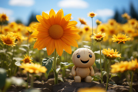 Friendship and tolerance concept. To be yourself, to be unique. Field of ordinary sunflowers and one colorful sunflower. generative aiの素材