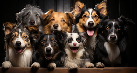 Group portrait of dogs of various shapes, sizes, and breeds. Stray pets with happy expression waiting for adoption. generative aiの素材