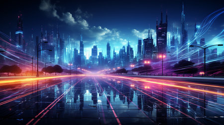 Street in city, 3D buildings, 3D digital twins, neon lines in cyan and violet. Generative ai.の素材