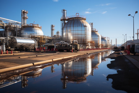 Large storage tanks and silos used for storing raw materials in an industrial facility. generative ai.の素材