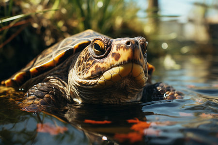 Turtle poke sit shed out of the water pond daylight. Generative AI.の素材