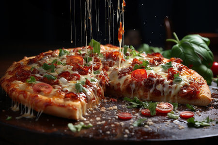 a piece of pizza on black background. Generative aiの素材