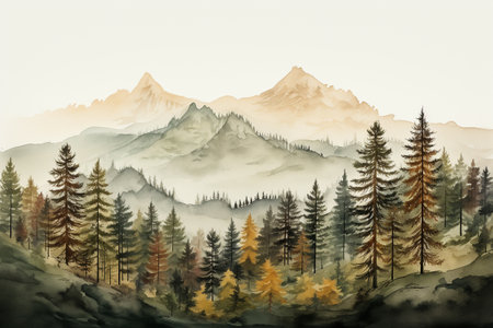 Watercolor autumn mountains with fir trees.  generative aiの素材