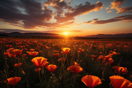 Poppy field at sunset. generative aiの素材