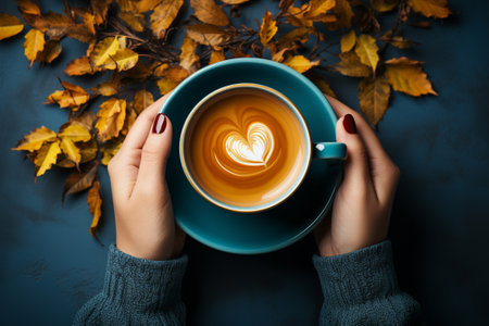 Cup of coffee and with woman's hand, fall leaves on blue background.  top view. generative ai.の素材