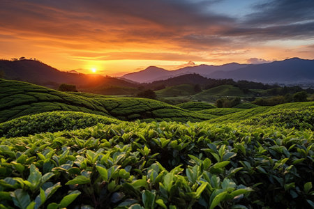 a landscape shot of a tea field at sunset. generative aiの素材