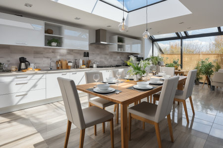 Modern new light interior of kitchen with white furniture and dining table. generative aiの素材