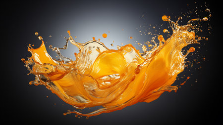 Splash effect of orange juice, high speed photography, on grey background. Generative ai.の素材