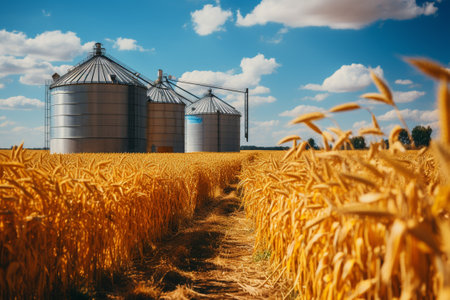Agricultural Silos for storage and drying of grains, wheat, corn, soy, sunflower. Beautiful landscape of wheat field at summer. generative ai.の素材