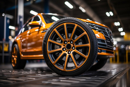 Garage and changing wheel alloy tire. Repair or maintenance auto service. generative ai.の素材