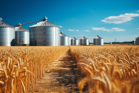 Agricultural Silos for storage and drying of grains, wheat, corn, soy, sunflower. Beautiful landscape of wheat field at summer. generative ai.の素材
