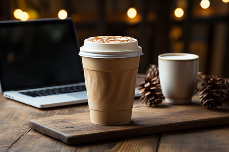 White paper Cup brown coffee on the background of laptop. generative aiの素材