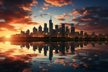Cityscape skyline modern city at sunset with reflection over river. generative aiの素材
