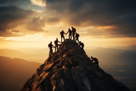 Male and female hikers climbing up silhouette mountain cliff . teamwork ,success ,helps , business concept. generative aiの素材