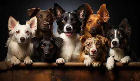 Group portrait of dogs of various shapes, sizes, and breeds. Stray pets with happy expression waiting for adoption. generative aiの素材