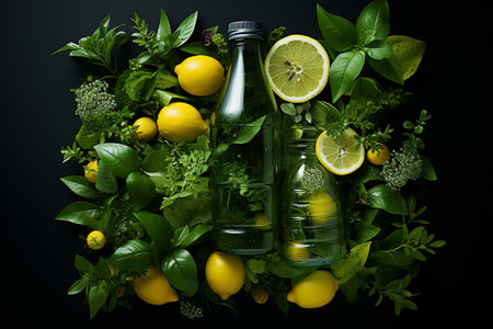 A cool drink of lemon and herbs in a glass bottle. generative aiの素材