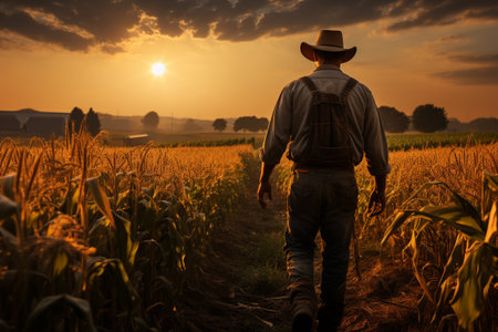 Farmer walking through corn field at dawn, grain silo in the distance, depicting rural life and agriculture. generative aiの素材